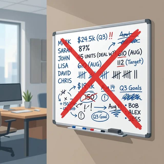 Messy sales whiteboard crossed out with a large red X